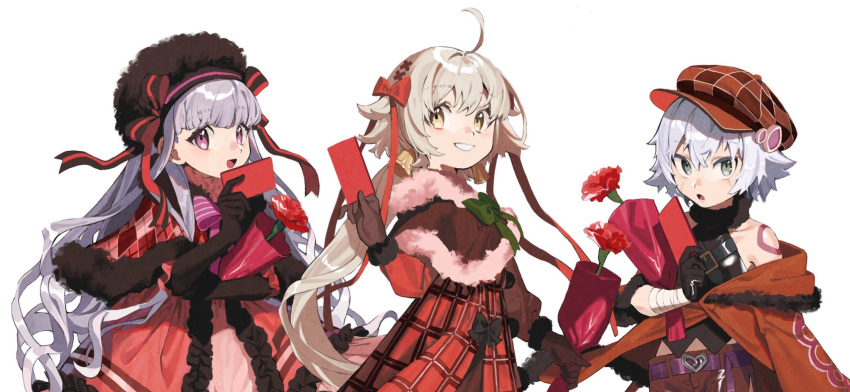 3girls ahoge alternate_costume bell belt bow capelet carnation facial_scar fate/grand_order fate_(series) flower gloves hat highres jack_the_ripper_(fate/apocrypha) jeanne_d'arc_(fate)_(all) jeanne_d'arc_alter_santa_lily ka_4maki long_hair multiple_girls nursery_rhyme_(fate/extra) scar shoulder_tattoo smile tattoo white_background
