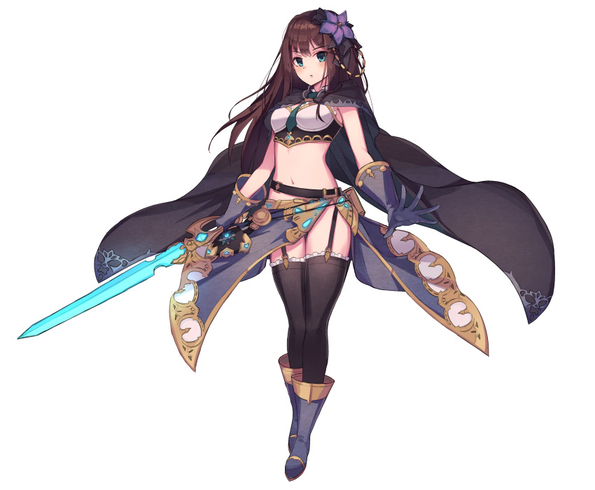 1girl absurdres bangs belt black_belt black_cloak black_legwear blue_footwear blue_gloves blue_skirt blush boots breasts brown_hair cloak commentary_request crop_top eyebrows_visible_through_hair flower full_body garter_straps gloves green_eyes green_neckwear hair_flower hair_ornament highres holding holding_sword holding_weapon idolmaster idolmaster_cinderella_girls korean_commentary long_hair looking_at_viewer medium_breasts midriff mulleonghan_mun-eo navel necktie parted_lips princess_connect! princess_connect!_re:dive shibuya_rin side_slit sidelocks simple_background skirt solo standing sword tachi-e thigh-highs weapon white_background zettai_ryouiki