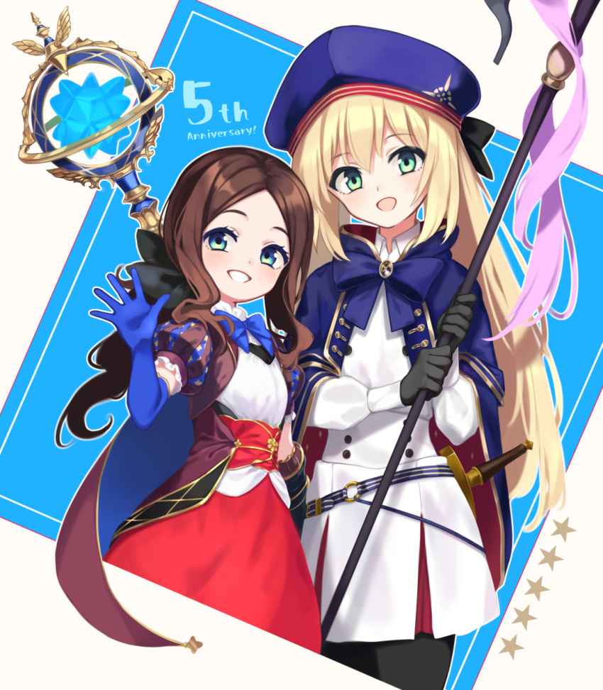 2girls artoria_pendragon_(all) artoria_pendragon_(caster) bangs belt beret black_bow black_gloves black_legwear blue_belt blue_cape blue_eyes blue_gloves blue_headwear blush bow breasts brown_dress brown_hair cape double-breasted dress elbow_gloves fate/grand_order fate_(series) forehead gauntlets gloves green_eyes grin hair_bow hat highres holding holding_staff kodamari leonardo_da_vinci_(fate/grand_order) leonardo_da_vinci_(rider)_(fate) long_hair looking_at_viewer multicolored multicolored_cape multicolored_clothes multiple_girls o-ring_belt open_mouth pantyhose parted_bangs ponytail puff_and_slash_sleeves puffy_short_sleeves puffy_sleeves red_skirt short_sleeves single_gauntlet skirt small_breasts smile staff striped_belt thighs twintails white_dress