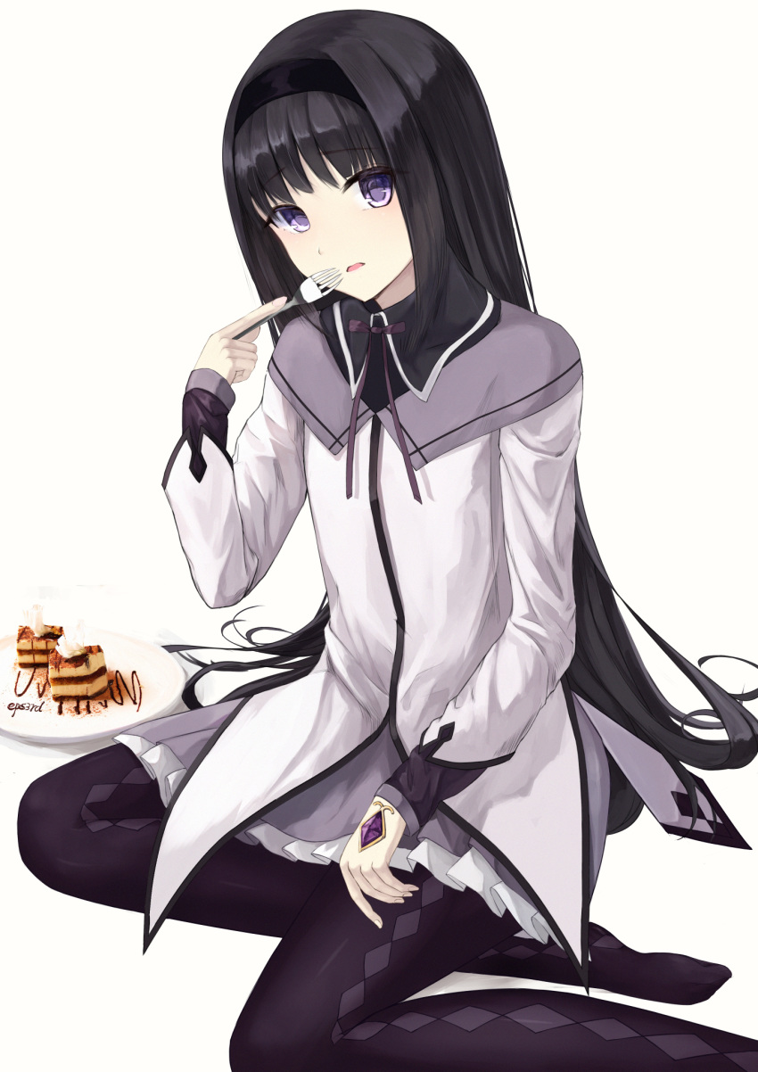 1girl akemi_homura argyle argyle_legwear artist_name black_hair boots cake eating eps3rd food fork hairband highres holding long_hair looking_at_viewer magical_girl mahou_shoujo_madoka_magica pleated_skirt sitting skirt solo violet_eyes