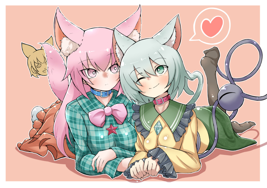 2girls animal_ear_fluff animal_ears border bright_pupils cat_ears cat_tail collar commentary_request expressionless eyebrows_visible_through_hair frills green_eyes green_hair green_skirt hata_no_kokoro heart highres komeiji_koishi kumasan_(kumazonjp) leaning_on_person long_hair looking_at_another lying medium_hair multiple_girls new_mask_of_hope on_stomach one_eye_closed pink_eyes pink_hair plaid plaid_shirt shirt skirt smile spoken_heart tail tareme third_eye touhou tsurime white_border white_pupils yellow_shirt