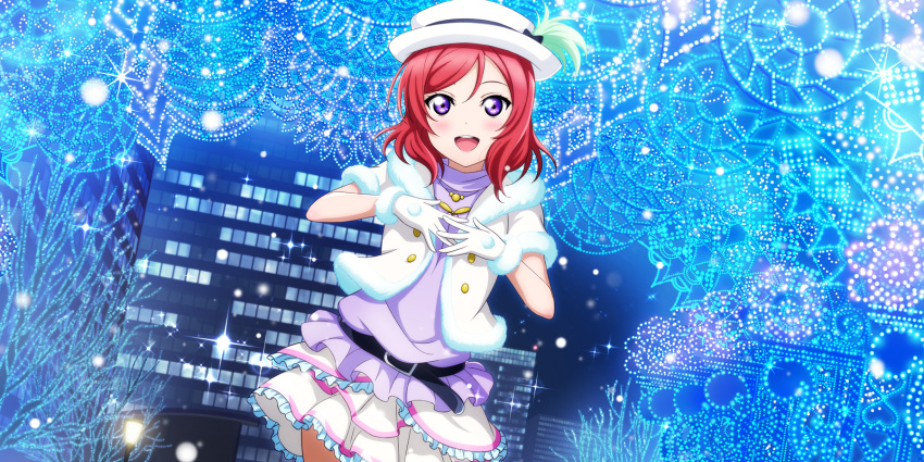 1girl artist_request belt blush building city_lights cityscape frilled_skirt frills gloves hat highres lights looking_at_viewer love_live! love_live!_school_idol_festival_all_stars love_live!_school_idol_project nishikino_maki official_art open_mouth redhead short_hair skirt snow_halation solo turtleneck violet_eyes white_gloves white_headwear