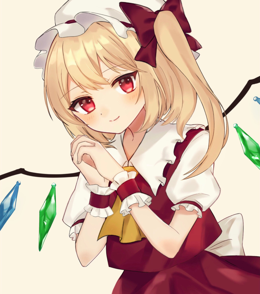 1girl back_bow bangs beige_background blonde_hair blush bow closed_mouth commentary_request cravat crystal dutch_angle eyebrows_visible_through_hair flandre_scarlet frilled_sleeves frills hands_clasped hat hat_ribbon highres looking_at_viewer mob_cap one_side_up own_hands_together puffy_short_sleeves puffy_sleeves raki_(for03ge) red_bow red_eyes red_skirt red_vest ribbon short_hair short_sleeves simple_background skirt skirt_set smile swept_bangs touhou upper_body vest wings yellow_neckwear