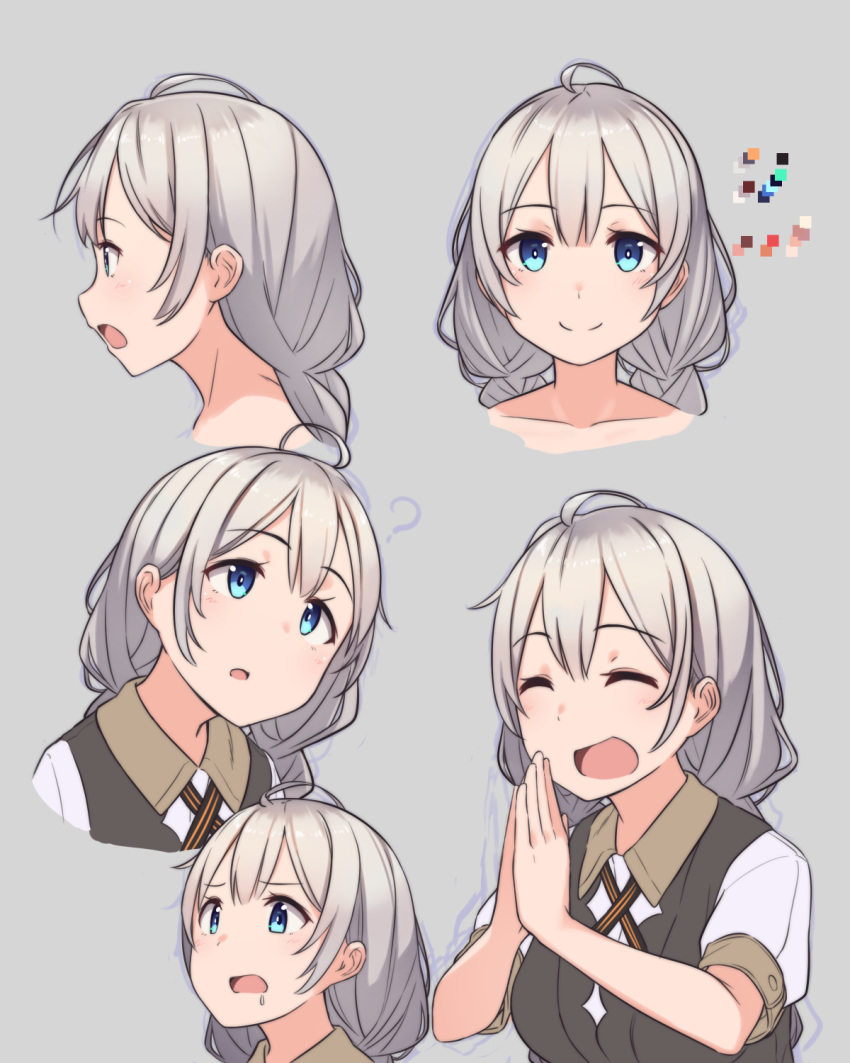 1girl ahoge black_vest blue_eyes braid collarbone color_guide commentary from_side furrowed_eyebrows grey_background grey_hair hands_together highres kizuna_akari kuz long_hair looking_at_viewer multiple_views open_mouth portrait saliva shirt smile upper_body vest voiceroid white_shirt