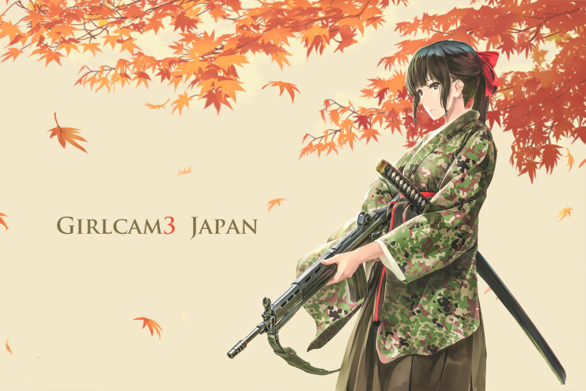 1girl adapted_uniform assault_rifle black_eyes black_hair bow camouflage copyright_name cover cover_page doujin_cover frown gun hair_bow hakama highres howa_type_89 japan_ground_self-defense_force japan_self-defense_force japanese_clothes katana leaf long_hair maple_leaf military nature obi original outdoors photoshop_(medium) ponytail rifle sash serious sidelocks sling soldier solo sword tan_background tanto_(tc1995) weapon wind