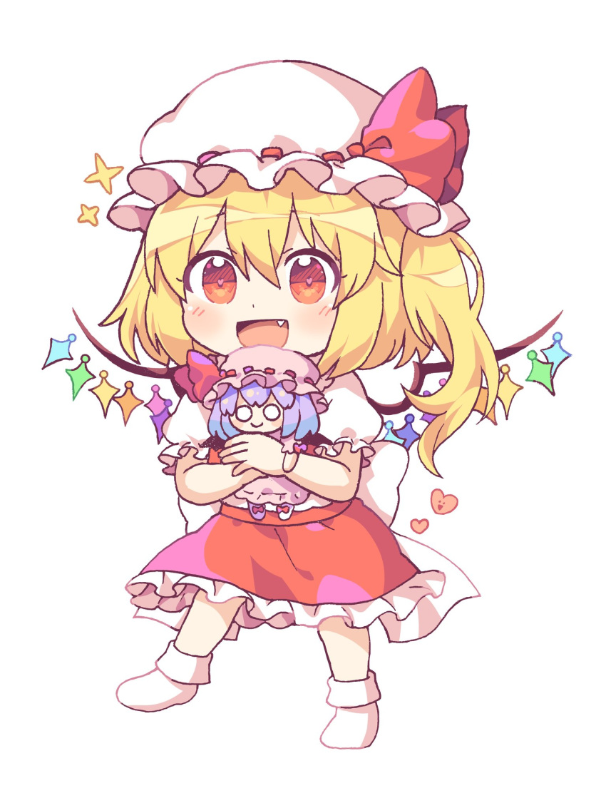 2girls bat_wings blonde_hair blush bow caramell0501 chibi crystal dress fang flandre_scarlet frills full_body happy hat hat_bow hat_ribbon heart highres mob_cap multiple_girls open_mouth pink_dress puffy_short_sleeves puffy_sleeves red_bow red_eyes red_ribbon red_skirt red_vest remilia_scarlet ribbon shirt short_hair short_sleeves siblings side_ponytail simple_background sisters skirt skirt_set smile socks solid_circle_eyes sparkle touhou vest white_background white_shirt wings