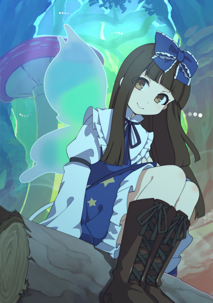 1girl bangs black_hair blue_bow blue_dress blunt_bangs blush boots bow brown_eyes brown_footwear closed_mouth dress eyebrows_visible_through_hair fairy_wings hair_bow highres knee_boots log long_hair long_sleeves mushroom nurupo_(abooon) sitting smile solo star_(symbol) star_print star_sapphire touhou wings