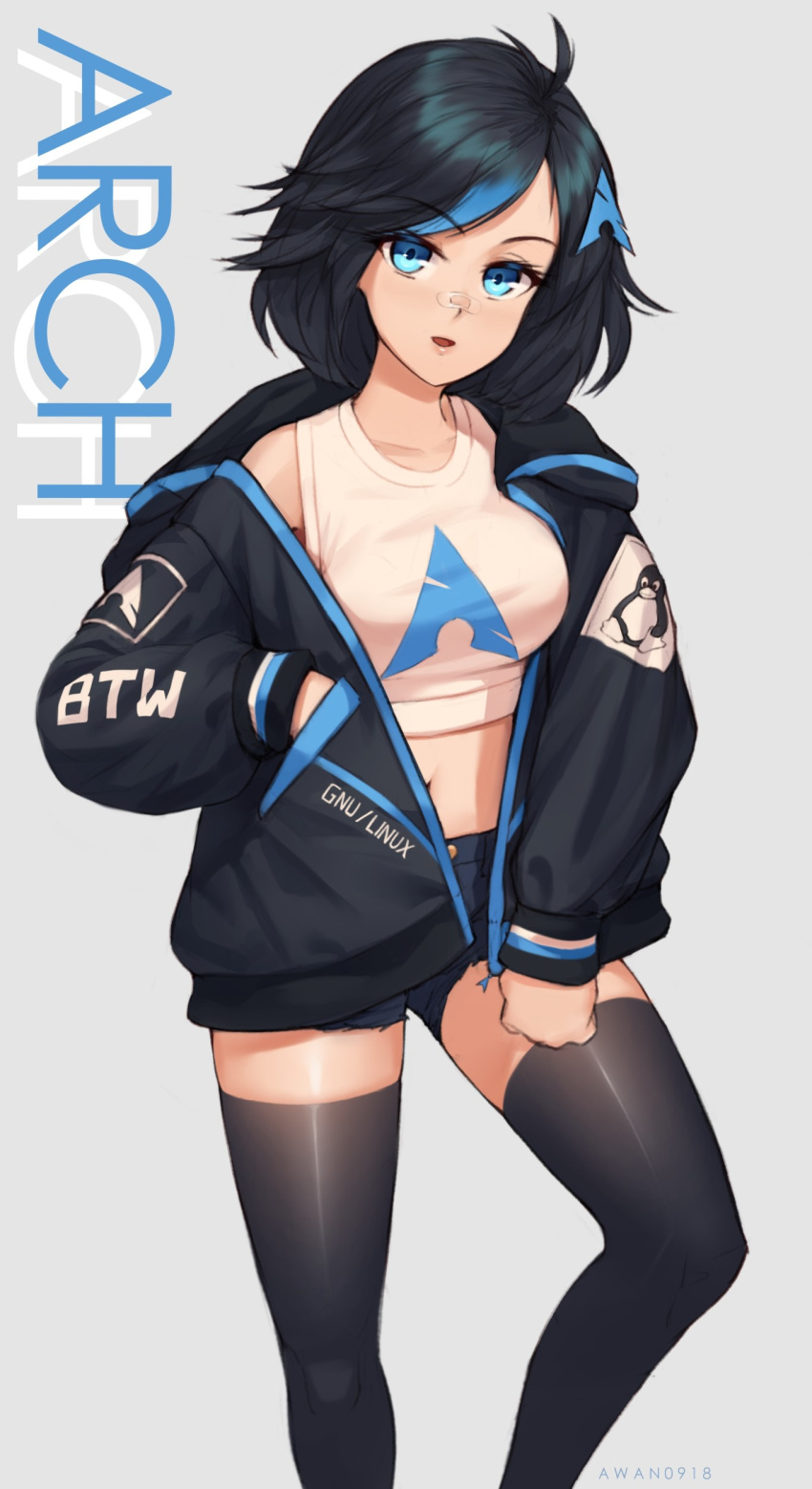 1girl absurdres arch_linux awan0918 bandaid bandaid_on_nose black_hair black_legwear blue_eyes blush breasts eyebrows_visible_through_hair feet_out_of_frame hair_ornament highres hood hoodie large_breasts linux looking_at_viewer medium_hair navel open_mouth os-tan shorts solo thigh-highs tux