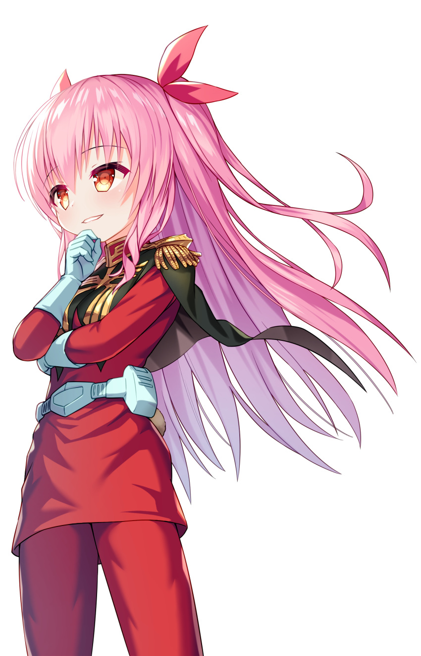 1girl absurdres bangs bettle_(b_s_a_n) black_capelet breasts capelet char_aznable char_aznable_(cosplay) cosplay gloves grin hair_ribbon hand_on_own_chin highres himekuma_ribon jacket long_hair pants pink_hair pixel_art re:act red_eyes red_jacket red_pants ribbon sidelocks small_breasts smile transparent_background virtual_youtuber white_gloves