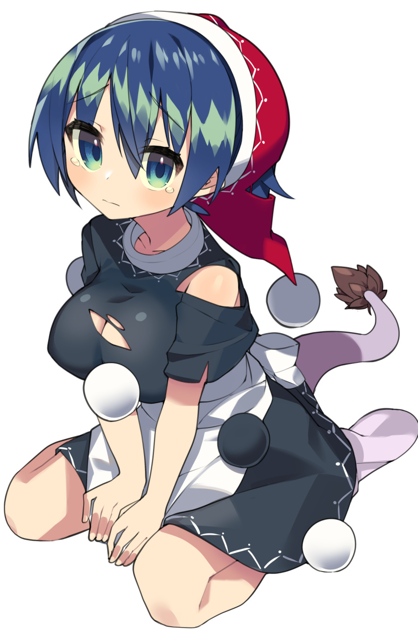 1girl apron bangs between_legs blue_eyes blue_hair breasts closed_mouth doremy_sweet eyebrows_visible_through_hair furrowed_eyebrows hair_between_eyes hand_between_legs hat highres looking_at_viewer medium_breasts nightcap red_headwear sakaki_(utigi) simple_background sitting solo tail tapir_tail tears torn_clothes torn_hat touhou v_arms waist_apron white_apron white_background