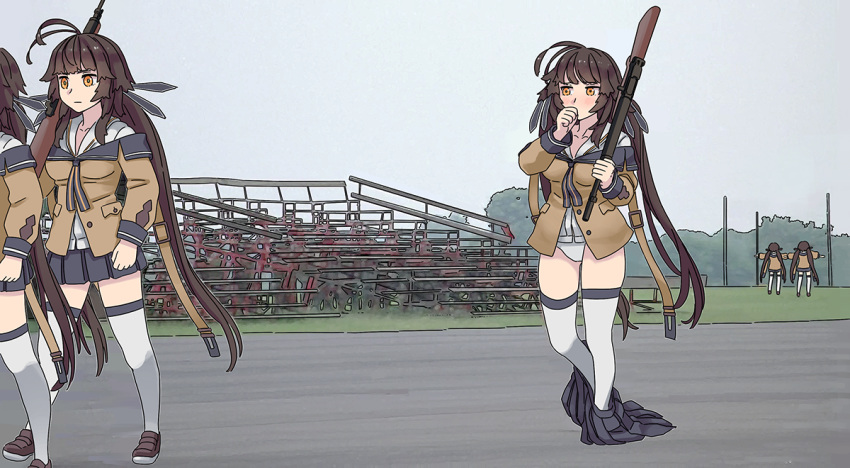 5girls antenna_hair battle_rifle blush breasts brown_hair clone derivative_work full_metal_jacket girls_frontline gun long_hair m14 m14_(girls_frontline) medium_breasts multiple_girls orange_eyes panties parody photo rifle scene_reference screencap_redraw skirt_around_ankles t-pose tab_(tabkun) thigh-highs thumb_sucking underwear very_long_hair weapon