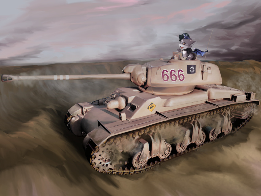 ac4_sentinel artist_request caterpillar_tracks clouds commentary_request day debidebi_debiru emblem evening grass ground_vehicle hat highres horns military military_vehicle motor_vehicle nijisanji no_humans sky tank wings world_of_tanks yellow_eyes