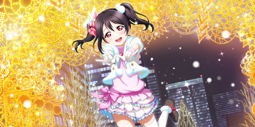 1girl \m/ ankle_boots artist_request bangs black_hair blush boots bow building city_lights cityscape double_\m/ flat_chest frilled_skirt frills gloves hair_bow highres lights looking_at_viewer love_live! love_live!_school_idol_festival_all_stars love_live!_school_idol_project official_art open_mouth raised_eyebrows red_eyes skirt snow_halation solo striped striped_bow thigh-highs turtleneck twintails white_gloves white_legwear yazawa_nico