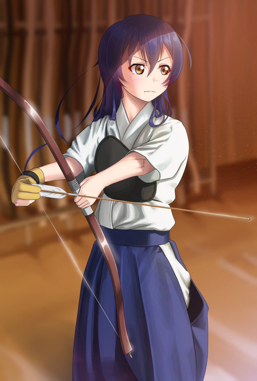 1girl archery archery_dojo arm_up arrow_(projectile) bangs blue_hair bow_(weapon) commentary_request drawing_bow gloves hair_between_eyes hakama hakama_skirt highres holding holding_arrow holding_bow_(weapon) holding_weapon japanese_clothes kyuudou long_hair love_live! love_live!_school_idol_project muneate partly_fingerless_gloves single_glove solo sonoda_umi swept_bangs weapon yachi_(fujiyasu0616) yellow_eyes yugake