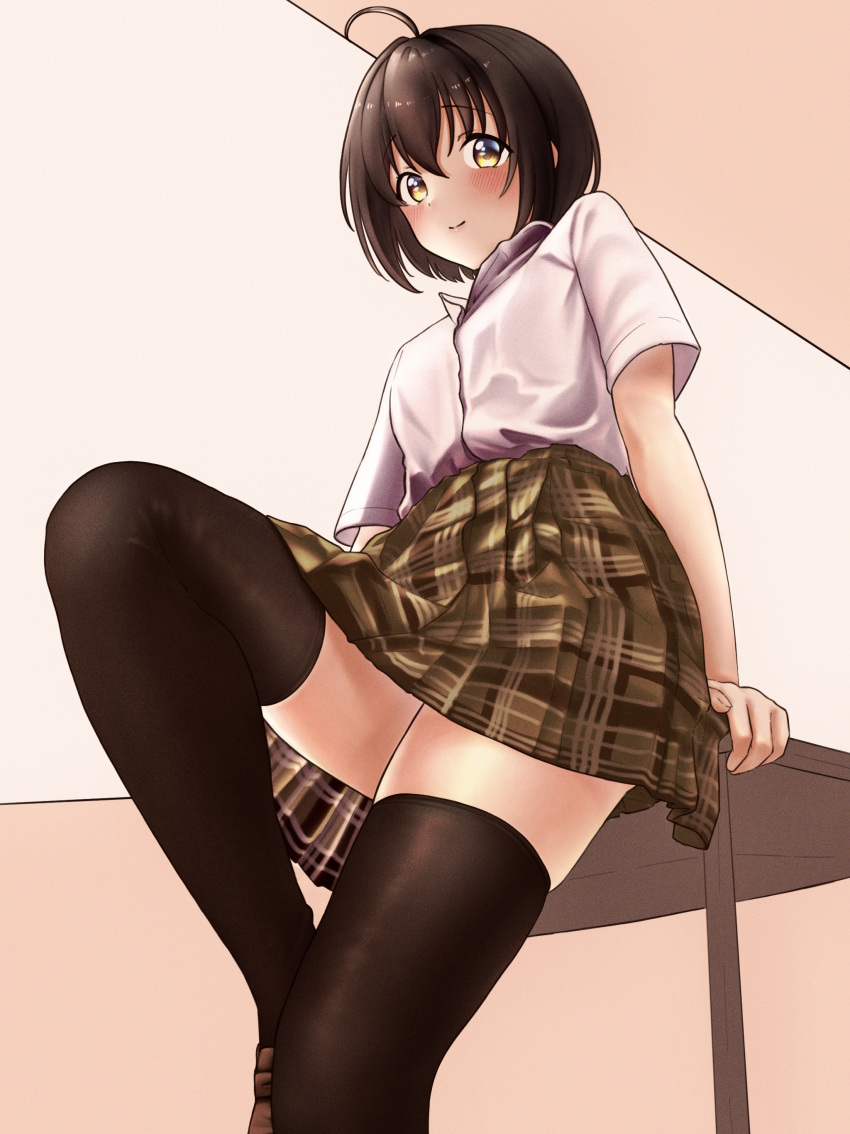 1girl absurdres ahoge arm_support bangs beige_background black_hair black_legwear blush brown_footwear brown_skirt closed_mouth collared_shirt commentary_request desk dress_shirt eyebrows_visible_through_hair feet_out_of_frame from_below hair_between_eyes highres idolmaster idolmaster_cinderella_girls kohinata_miho leg_up looking_at_viewer looking_down miniskirt on_desk orange_background plaid plaid_skirt pleated_skirt school_desk school_uniform shiny shiny_hair shirt shirt_tucked_in shoes short_hair short_sleeves sitting sitting_on_desk skindentation skirt smile solo thigh-highs two-tone_background viq white_shirt yellow_eyes