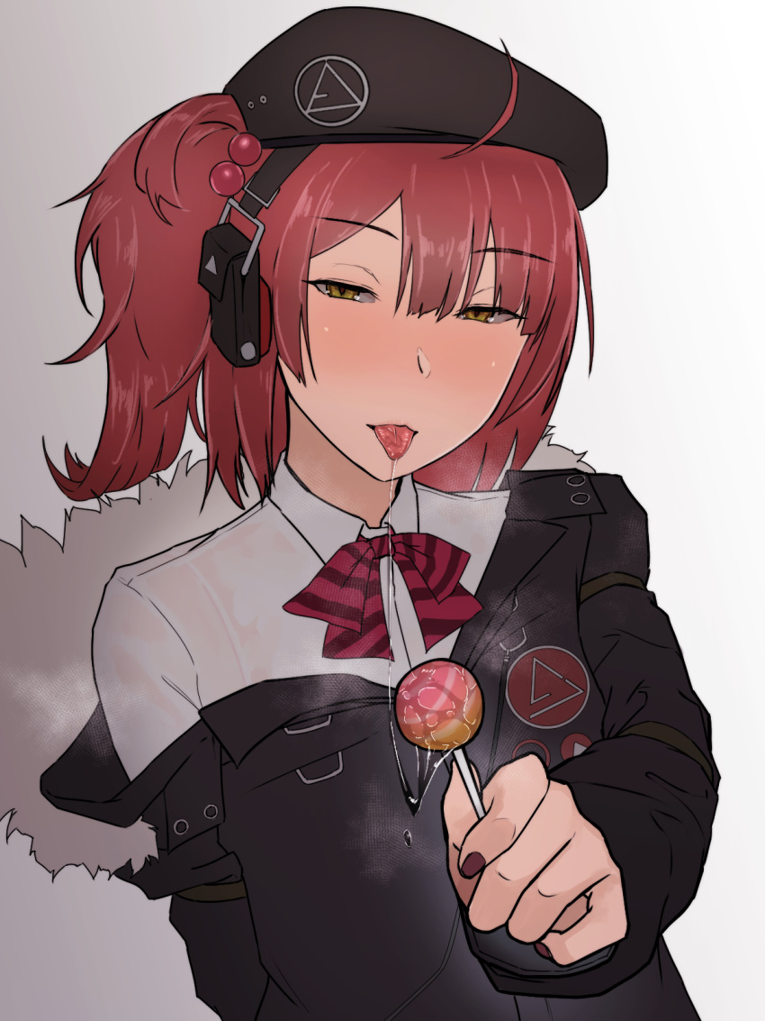 1girl blush candy food girls_frontline highres incoming_food lollipop looking_at_viewer medium_hair mizukamakiri mp7_(girls_frontline) off-shoulder_jacket red_nails redhead saliva saliva_trail side_ponytail solo tongue tongue_out yellow_eyes