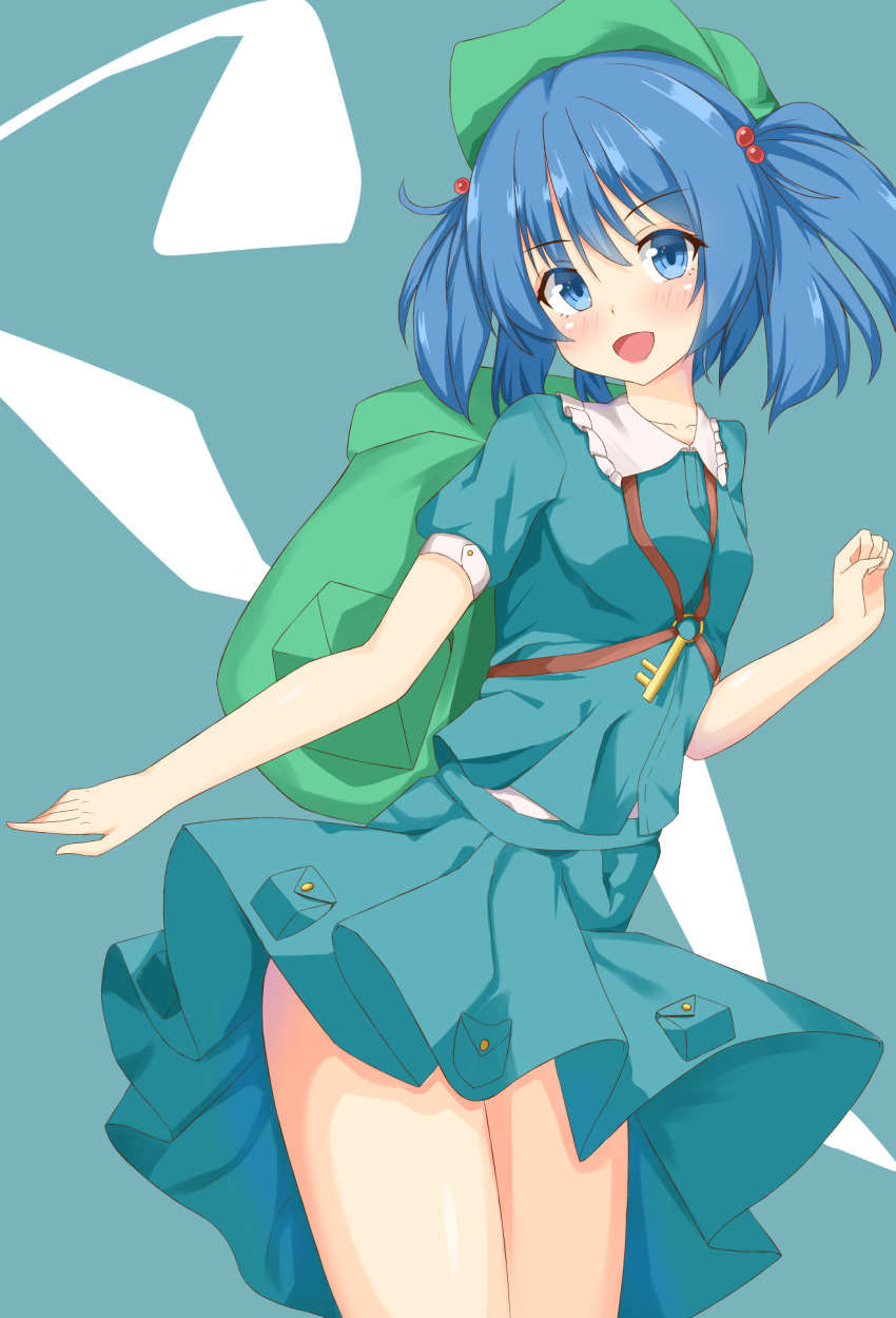 1girl :d blue_background blue_eyes blue_hair blue_shirt blue_skirt blush collarbone cowboy_shot eyebrows_visible_through_hair frilled_shirt_collar frills green_backpack green_headwear hair_between_eyes hair_bobbles hair_ornament highres kawashiro_nitori key looking_at_viewer open_mouth pleated_skirt pocket shirt skirt smile standing thighs touhou two_side_up vel0x_s