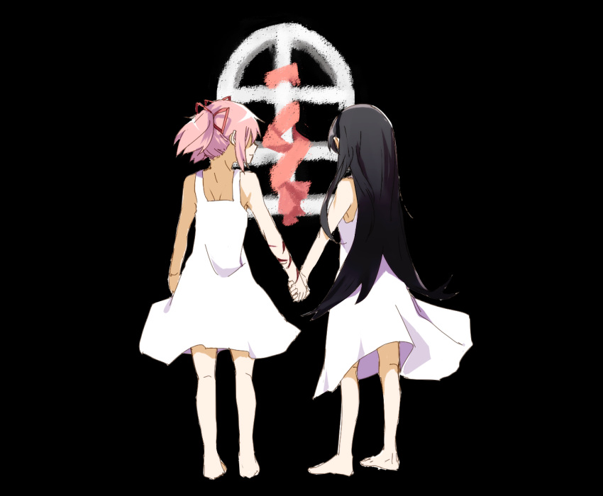 2girls akemi_homura arm_at_side armpit_peek bare_arms bare_legs bare_shoulders barefoot black_background black_hair black_hairband bound closed_mouth cuts dark_background dress facing_away from_behind full_body hair_over_eyes hair_over_face hair_ribbon hairband hanyae holding_hands injury kaname_madoka light_smile long_dress long_hair looking_at_another mahou_shoujo_madoka_magica mahou_shoujo_madoka_magica_movie minimalism multiple_girls nape official_style pink_hair pink_ribbon profile red_ribbon ribbon shaded_face shiny shiny_hair short_dress shoulder_blades side-by-side simple_background standing straight_hair tied_up twintails white_dress window