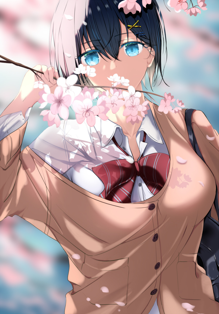 1girl bag bangs black_hair blue_eyes blurry bow bowtie branch breasts cardigan cherry_blossoms dappled_sunlight day depth_of_field dress_shirt eyebrows_visible_through_hair flower hair_between_eyes hair_ornament hairclip hand_up highres looking_at_viewer loose_bowtie off_shoulder original outdoors partially_unbuttoned petals red_neckwear school_bag school_uniform shirt short_hair shoulder_bag solo striped striped_neckwear sunlight upper_body xi_ying