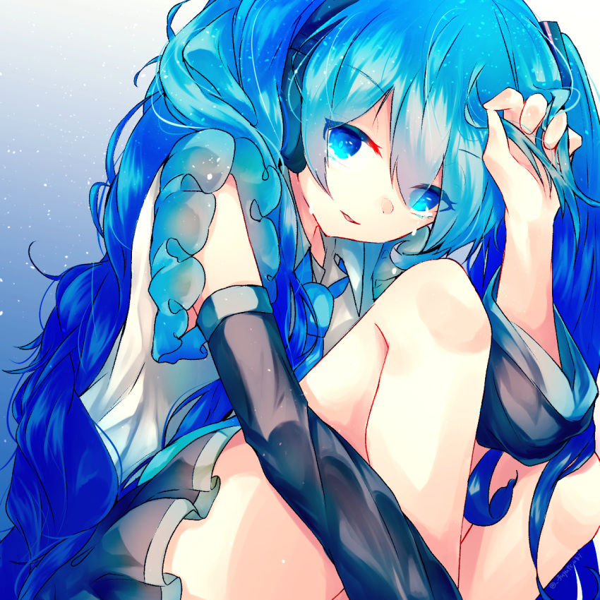 bare_shoulders black_skirt black_sleeves blue_eyes blue_hair blue_neckwear commentary crying crying_with_eyes_open detached_sleeves frilled_shirt frills fuyuzuki_gato hair_ornament hair_twirling hand_up hatsune_miku headphones highres leg_hug long_hair looking_at_viewer miniskirt necktie parted_lips pleated_skirt shirt sitting skirt sleeveless sleeveless_shirt tears twintails very_long_hair vocaloid white_shirt