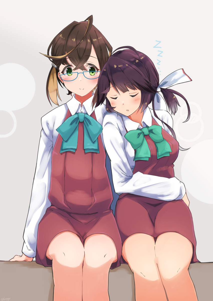 2girls ahoge bare_legs black_hair blue-framed_eyewear bow bowtie brown_dress closed_eyes cowboy_shot dress glasses green_eyes hair_ribbon halterneck hayanami_(kantai_collection) highres kantai_collection komb multicolored_hair multiple_girls okinami_(kantai_collection) pink_hair ribbon school_uniform shirt short_hair side_ponytail sidelocks sleeping sleeveless sleeveless_dress takanami_(kantai_collection) white_ribbon white_shirt