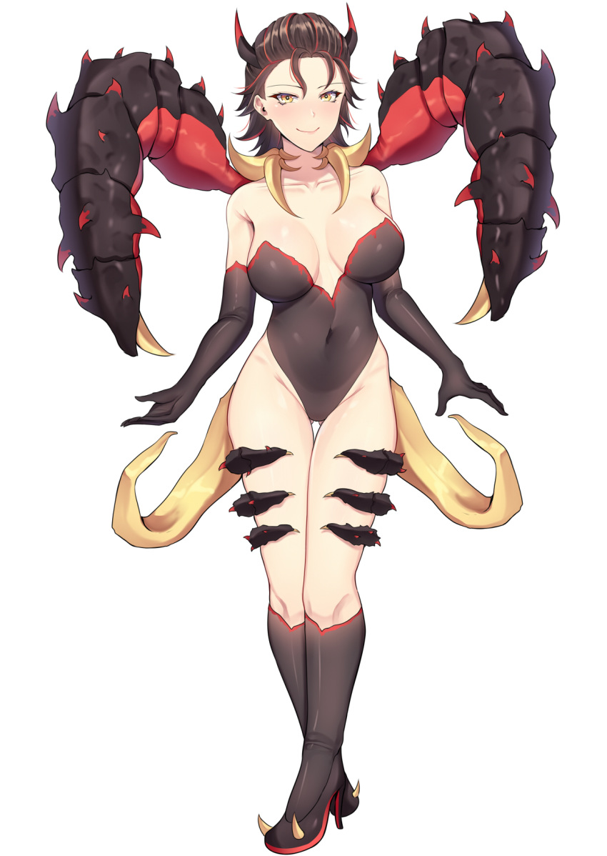 1girl band-width bare_shoulders claws closed_mouth commission deep_rock_galactic elbow_gloves english_commentary full_body gloves glyphid_dreadnought high_heels highres horns looking_at_viewer monster_girl navel personification simple_background smile solo standing white_background yellow_eyes