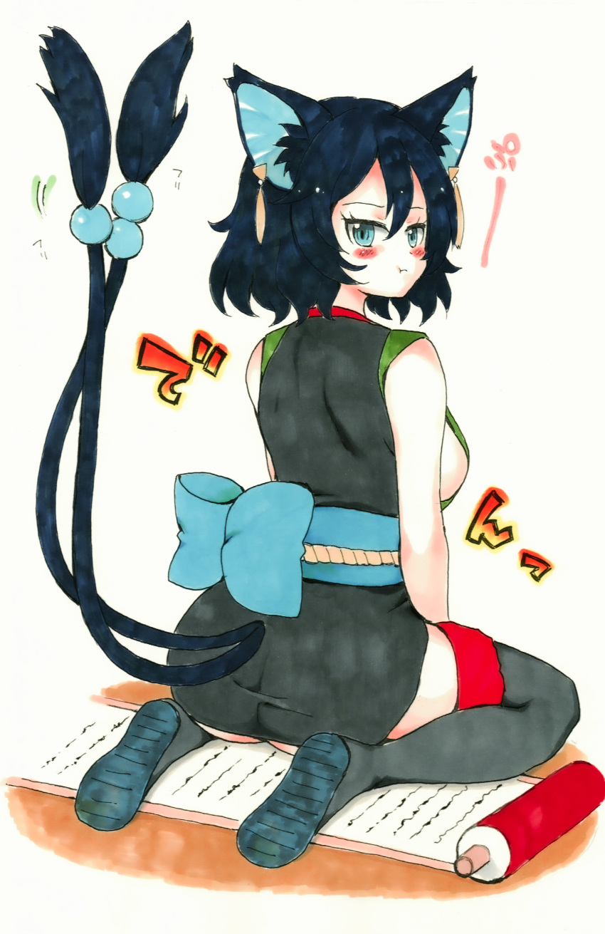 1girl absurdres animal_ears aqua_eyes ass ayakashi_rumble! back blue_hair blush boots breasts cat_ears cat_girl cat_tail commentary_request earrings highres japanese_clothes jewelry large_breasts legs looking_at_viewer mehonobu_g multiple_tails nekomata rin_(ayakashi_rumble!) scroll short_hair sideboob sitting slit_pupils solo tail thigh-highs thigh_boots
