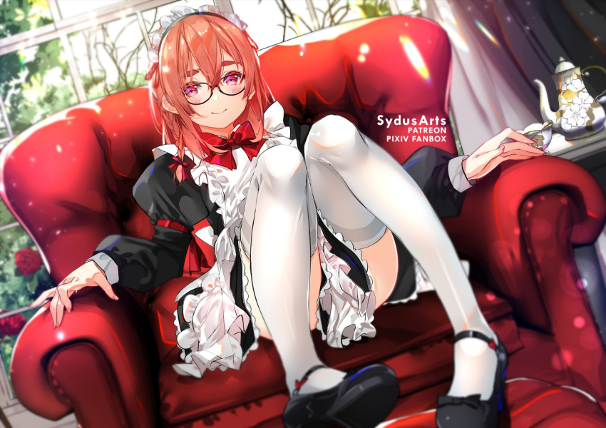 1girl apron armchair artist_name bangs black-framed_eyewear black_footwear blurry blurry_background blush bow braid breasts chair closed_mouth commentary cup depth_of_field dress frilled_dress frills glasses hair_between_eyes indoors juliet_sleeves kanojo_okarishimasu knees_up long_hair long_sleeves looking_at_viewer maid maid_apron maid_headdress mary_janes puffy_sleeves red_bow sakurasawa_sumi shoes sitting smile solo striped sydus teacup thigh-highs white_apron white_legwear window