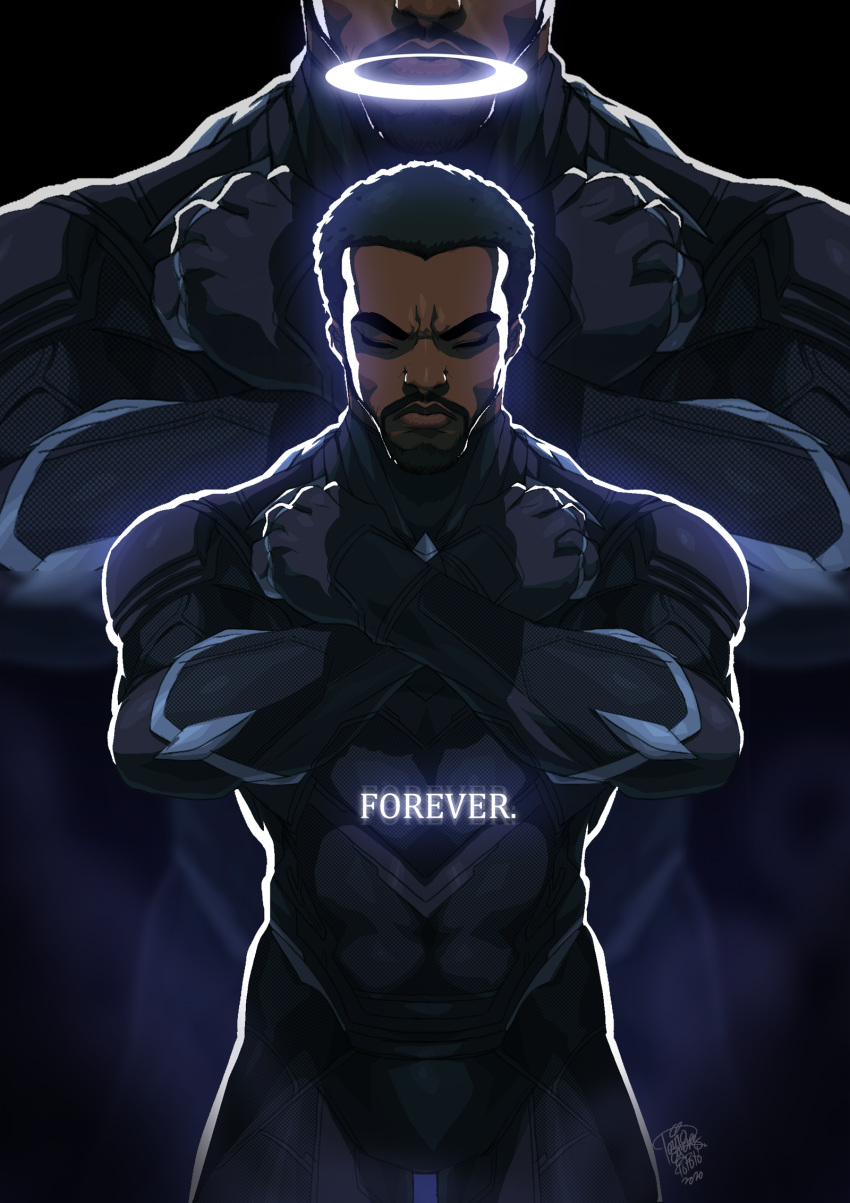 1boy beard black_panther_(film) black_panther_(marvel) bodysuit chadwick_boseman closed_eyes dark_skin english_commentary english_text facial_hair facing_viewer halo highres male_focus marvel panther solo standing t'challa tovio_rogers x_arms