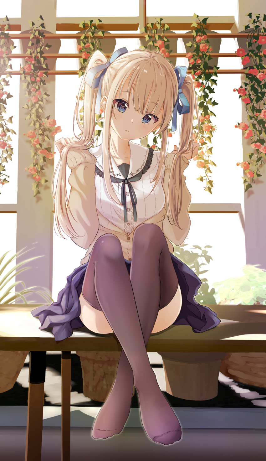 1girl beige_cardigan blonde_hair blue_eyes blue_ribbon cardigan collarbone crossed_legs flower full_body hair_ribbon head_tilt highres light_frown long_hair long_sleeves looking_at_viewer no_shoes open_cardigan open_clothes original plant potted_plant ribbed_shirt ribbon shiokazunoko shirt sitting skirt sleeves_past_wrists solo thigh-highs twintails vines w_arms
