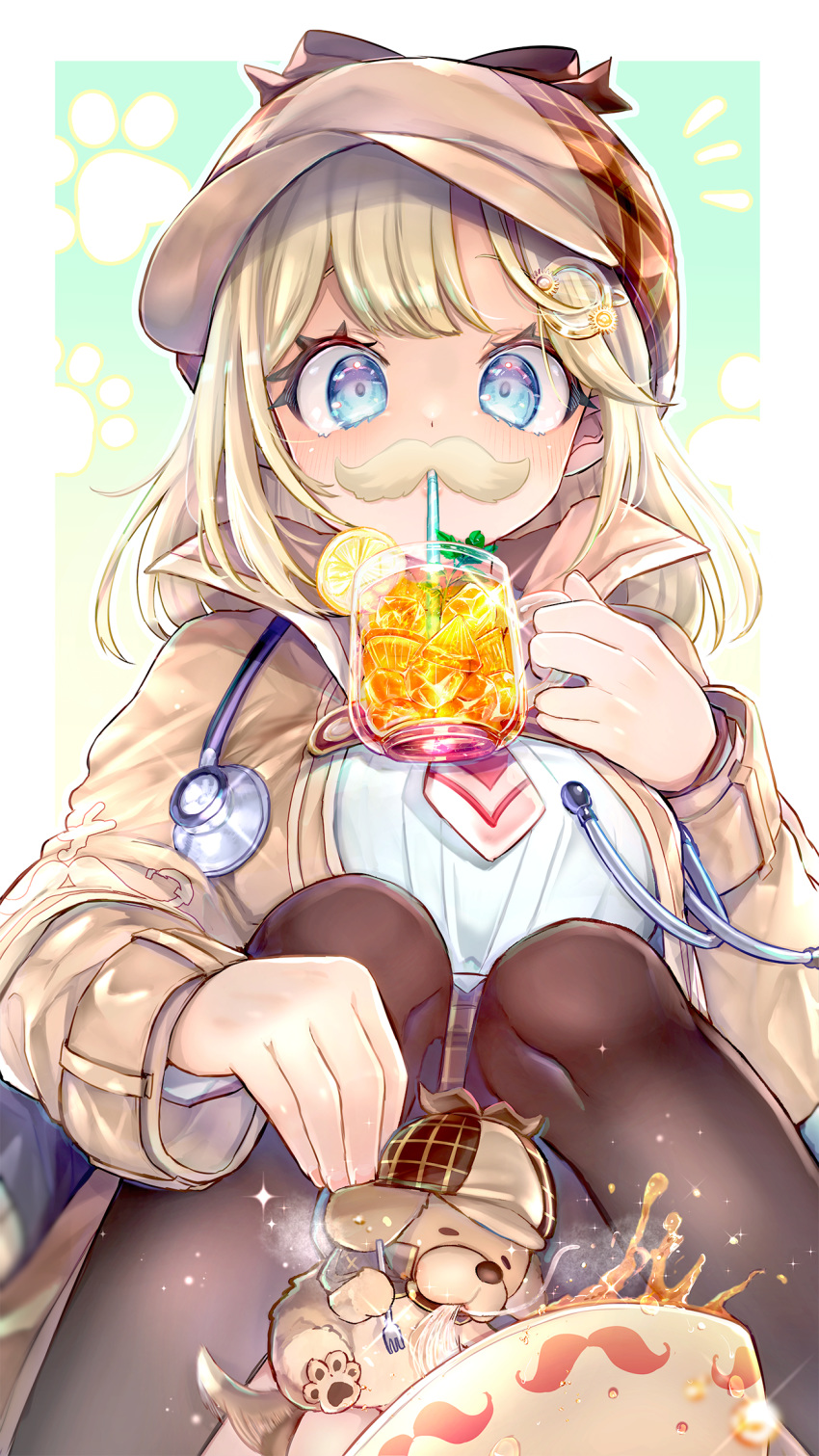 1girl animal bangs black_legwear blonde_hair blue_eyes blush breasts commentary_request cup deerstalker detective dog drinking_glass drinking_straw facial_hair food fork from_below fruit hair_ornament hat highres holding holding_cup hololive hololive_english kamiya_zuzu large_breasts lemon lemon_slice long_hair long_sleeves looking_at_viewer mustache mustache_print necktie noodles shirt sitting smile solo stethoscope virtual_youtuber watson_amelia