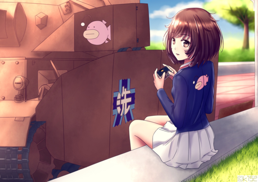 1girl akiyama_yukari artist_name breasts brick_road brown_eyes brown_hair caterpillar_tracks cellphone commentary_request day emblem girls_und_panzer grass ground_vehicle highres holding karkovb152 looking_at_viewer military military_vehicle motor_vehicle ooarai_(emblem) ooarai_military_uniform panzerkampfwagen_iv phone shirt short_hair skirt sky smartphone tank tree