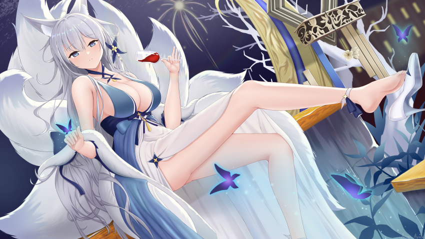 1girl absurdres alcohol animal_ear_fluff animal_ears artist_request ass azur_lane blue_butterfly blue_collar butterfly_on_finger collar eyebrows_visible_through_hair feet_out_of_frame fireworks floating hair_between_eyes halter_dress highres kitsune kyuubi large_tail long_hair looking_at_viewer multiple_tails shinano_(azur_lane) shinano_(light_of_the_hazy_moon)_(azur_lane) shoes silver_hair single_shoe solo tail very_long_hair white_tail wine