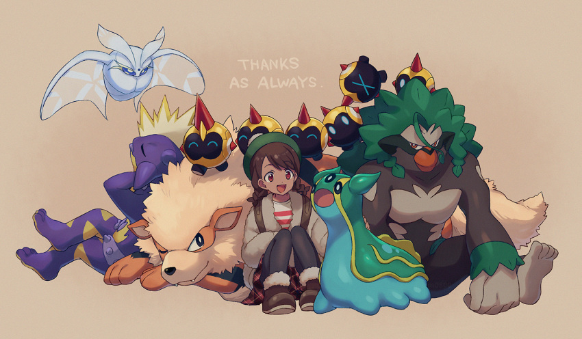 1girl :d ^_^ arcanine backpack bag bangs black_legwear boots braid brown_background brown_footwear cardigan closed_eyes commentary_request dark_skin english_text eyebrows_visible_through_hair falinks fangs flying frosmoth fur-trimmed_boots fur_trim gastrodon gastrodon_(east) gen_1_pokemon gen_4_pokemon gen_8_pokemon gloria_(pokemon) green_headwear grey_cardigan hat medium_hair one_eye_closed open_mouth pantyhose plaid plaid_skirt pokemon pokemon_(creature) pokemon_(game) pokemon_swsh red_eyes red_skirt rillaboom sayshownen shirt simple_background sitting skirt smile striped striped_shirt tam_o'_shanter thank_you toxtricity toxtricity_(amped) twin_braids walking white_shirt x