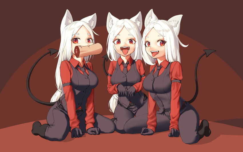 3girls absurdres animal_ears arm_garter bangs black_gloves breasts cerberus_(helltaker) collared_shirt demon_girl demon_tail dog_ears dog_girl fang fangs food forehead gloves helltaker highres kaos_(998) large_breasts long_hair long_sleeves looking_at_viewer multiple_girls necktie open_mouth pancake pants parted_bangs red_background red_eyes red_shirt saliva shirt sitting smile tail tongue tongue_out triplets two-tone_background vest waistcoat wariza white_hair