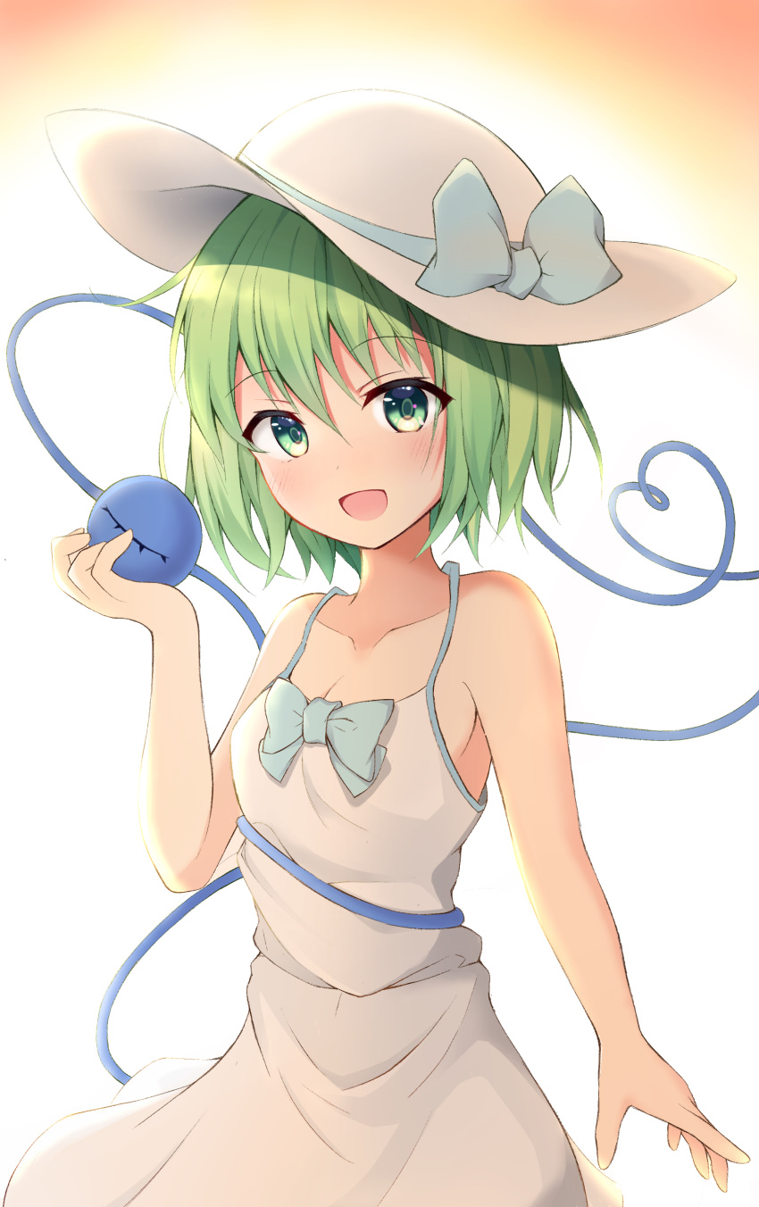 1girl :d absurdres alternate_costume aqua_bow aqua_ribbon backlighting bare_arms bare_shoulders blush bow breasts collarbone cowboy_shot dress eyeball eyebrows_visible_through_hair gradient green_eyes green_hair hat hat_bow heart heart_of_string highres holding komeiji_koishi looking_at_viewer open_mouth ribbon short_hair simple_background sleeveless sleeveless_dress small_breasts smile solo sundress third_eye touhou utekiro white_dress white_headwear