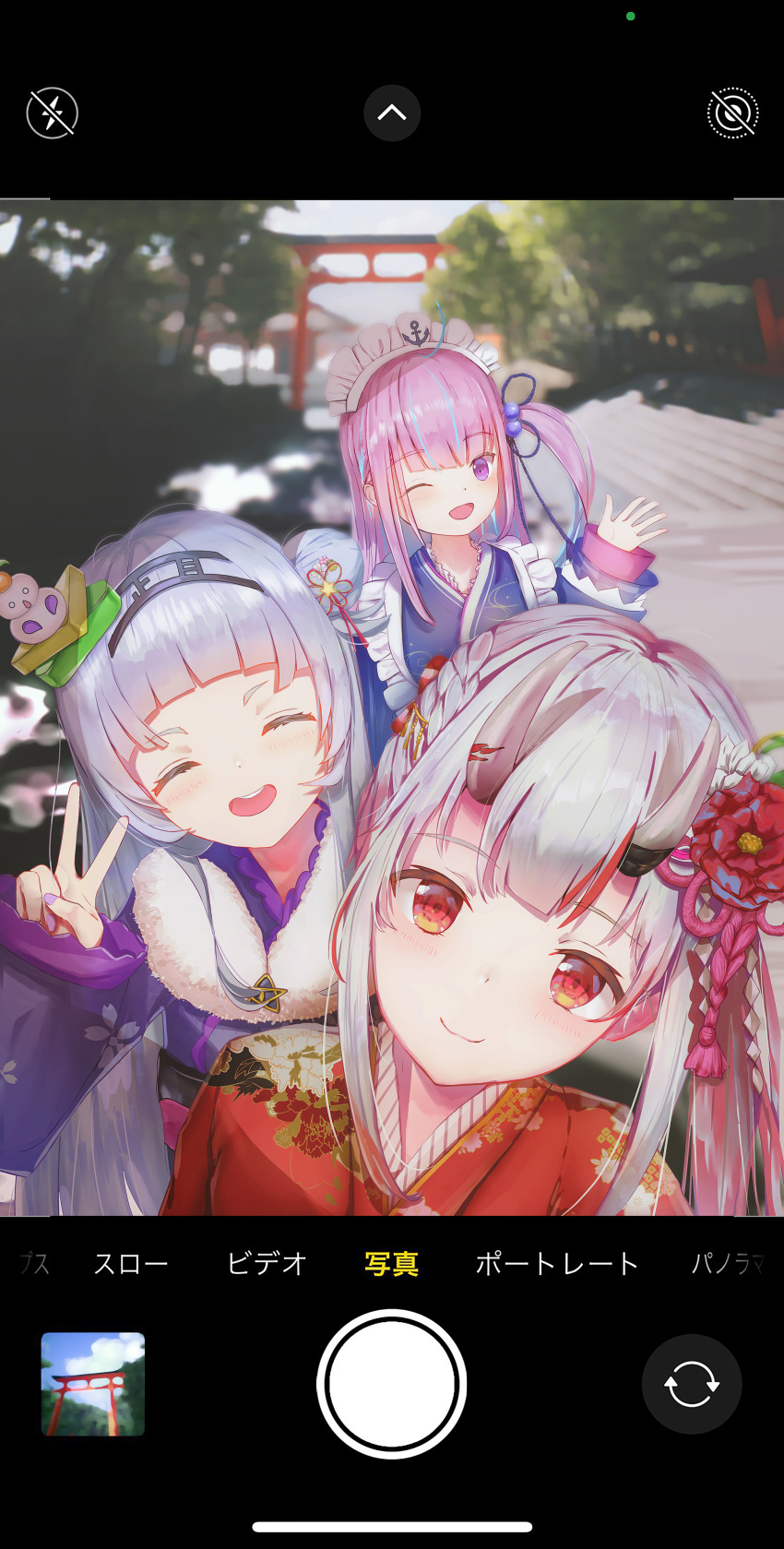 3girls absurdres alternate_costume alternate_hairstyle blurry blurry_background blush closed_eyes commentary_request flower hair_flower hair_ornament highres hololive horns japanese_clothes kimono long_hair maid_headdress minato_aqua multiple_girls murasaki_shion nakiri_ayame one_eye_closed oni_horns open_mouth photo red_eyes smile torii v virtual_youtuber