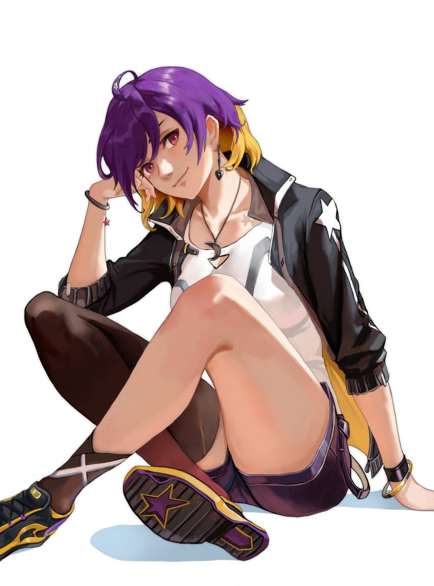 1girl absurdres ahoge black_jacket black_shorts blonde_hair bracelet colored_inner_hair crescent crescent_necklace crossed_ankles earrings head_tilt hercule_(zho_yue_yu) highres jacket jewelry looking_at_viewer mole mole_under_eye multicolored_hair necklace nijisanji open_clothes open_jacket purple_hair saya_(virtuareal) shirt shoes shorts simple_background single_thighhigh sitting smile sneakers solo star_(symbol) thigh-highs two-tone_hair virtual_youtuber virtuareal white_background white_shirt