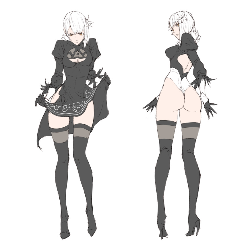 1girl ass black_dress cosplay dress english_commentary high_heels highres holding holding_clothes holding_dress kaine_(nier) leotard looking_at_viewer looking_back looking_down nier nier_(series) nier_automata ozkh6 scowl solo thigh-highs white_hair yellow_eyes yorha_no._2_type_b yorha_no._2_type_b_(cosplay)