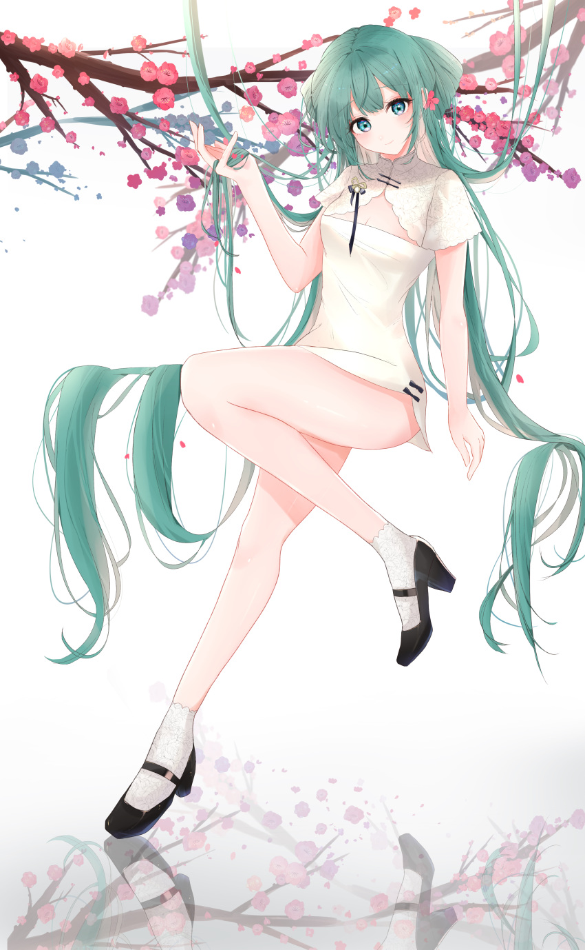 1girl absurdly_long_hair absurdres aqua_eyes branch breast_cutout china_dress chinese_clothes commentary dress flower full_body hair_flower hair_ornament hatsune_miku high_heels highres holding holding_hair leg_up long_hair looking_at_viewer pink_flower reflection shaohua_hatsune_miku smile solo tsuyuri_eri twintails very_long_hair vocaloid white_background white_dress