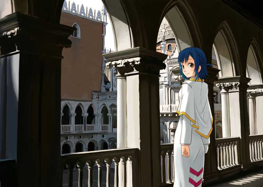 aria bad_id blue_hair earrings hazel_eyes highres jewelry nagian short_hair smile venezia venice yellow_eyes