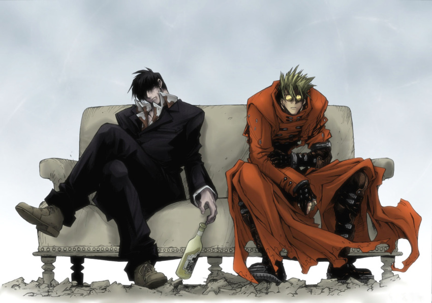black_hair blonde_hair blood boots bottle colored couch crossed_legs death glasses male multiple_boys naitou_yasuhiro nicholas_d_wolfwood sitting spoilers sunglasses trench_coat trenchcoat trigun trigun_maximum vash_the_stampede wallpaper
