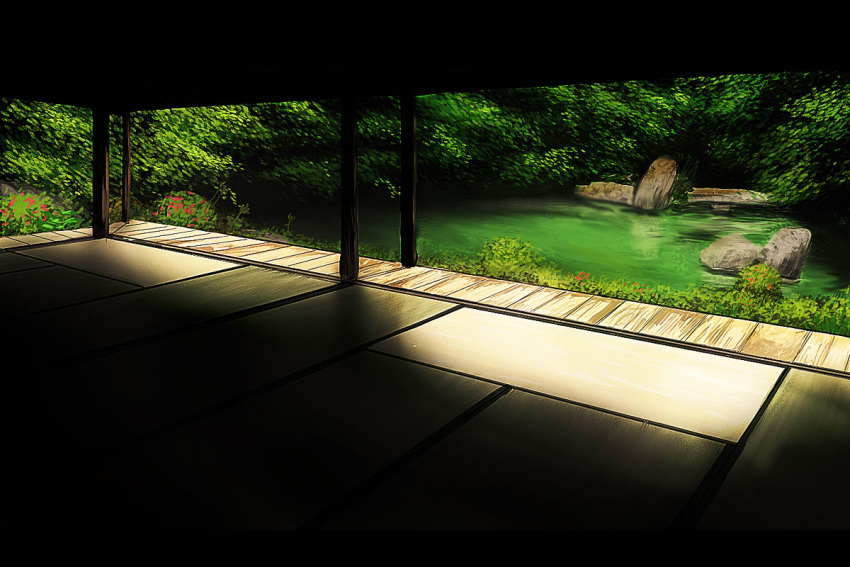 forest garden koromoya_kai light nature no_humans panorama pond scenery shadow tatami tree trees water
