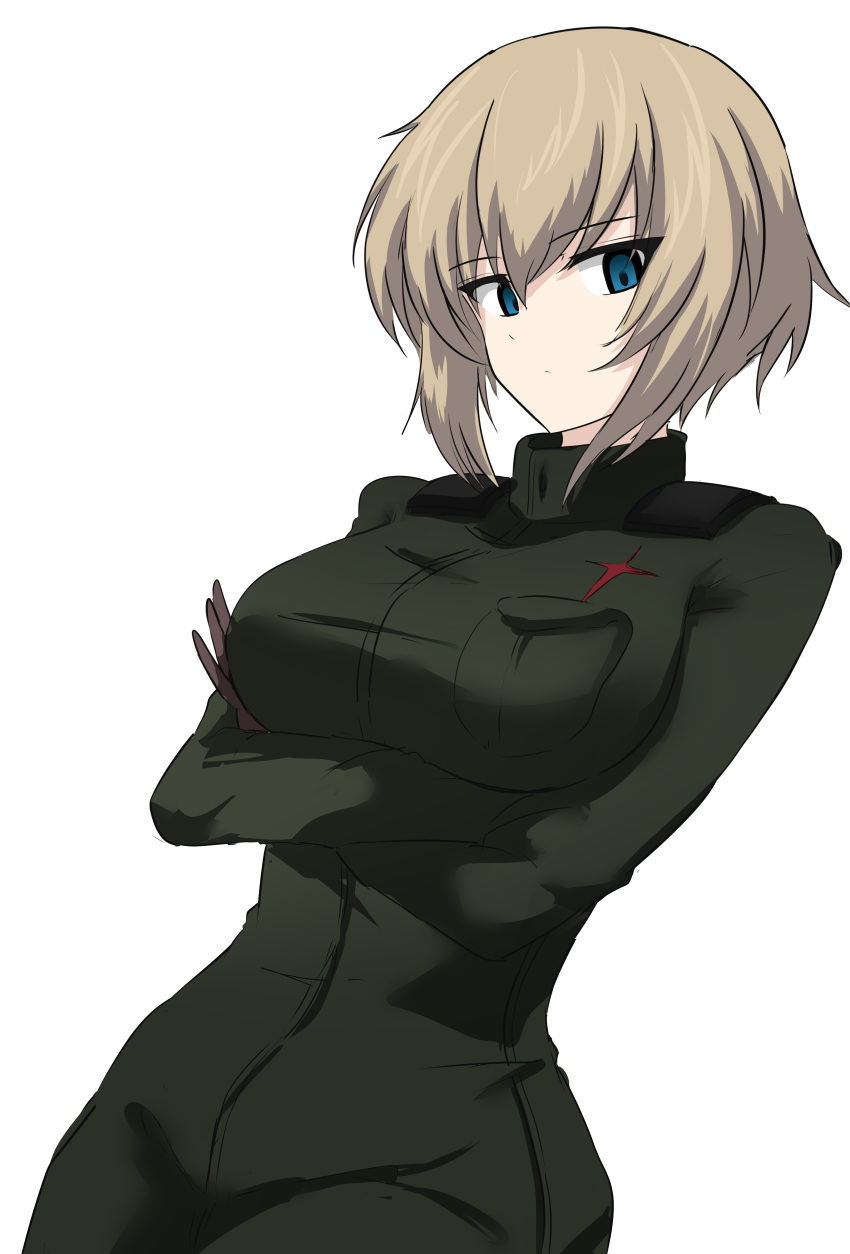 1girl absurdres aikir_(jml5160) bangs blonde_hair blue_eyes closed_mouth commentary crossed_arms dutch_angle eyebrows_visible_through_hair girls_und_panzer glaring green_jumpsuit highres insignia jumpsuit katyusha_(girls_und_panzer) light_frown looking_at_viewer older pravda_military_uniform short_hair simple_background solo standing white_background