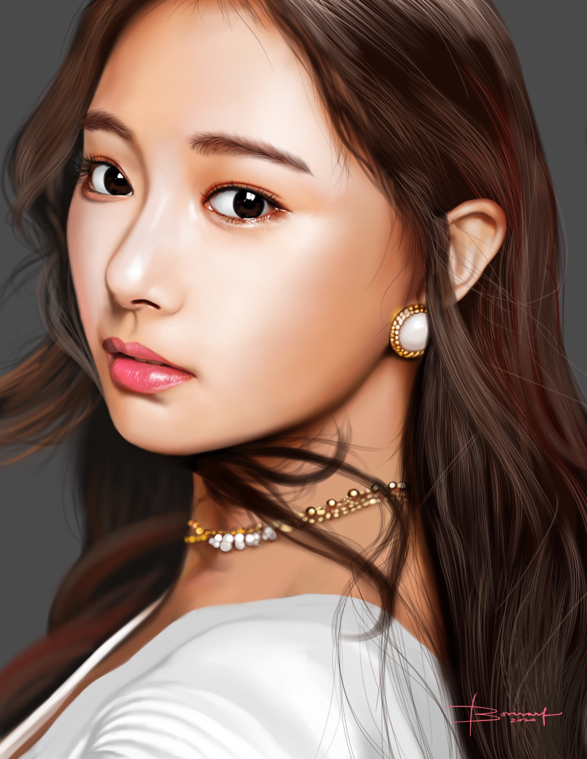 1girl absurdres boris_(borisasf) brown_eyes brown_hair close-up earrings grey_background highres jewelry long_hair looking_at_viewer parted_lips procreate_(medium) real_life realistic signature solo twice_(group) tzuyu_(twice)