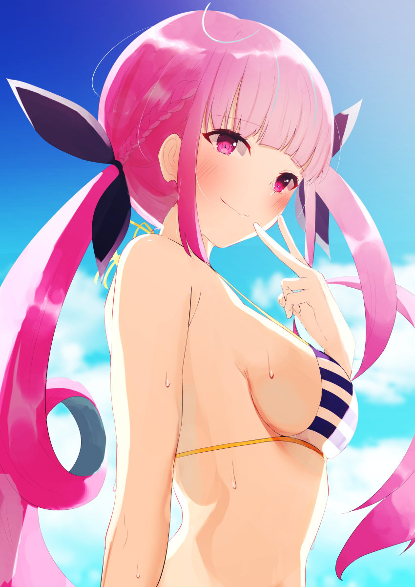 1girl absurdres ahoge aqua_hair backlighting bangs bare_shoulders bikini blush braid breasts colored_inner_hair day eyebrows_visible_through_hair french_braid from_side hair_ribbon highres hololive long_hair looking_at_viewer medium_breasts minato_aqua multicolored_hair outdoors purple_hair ribbon sanasedayo sideboob smile solo striped striped_bikini swimsuit tied_hair twintails two-tone_hair v violet_eyes virtual_youtuber