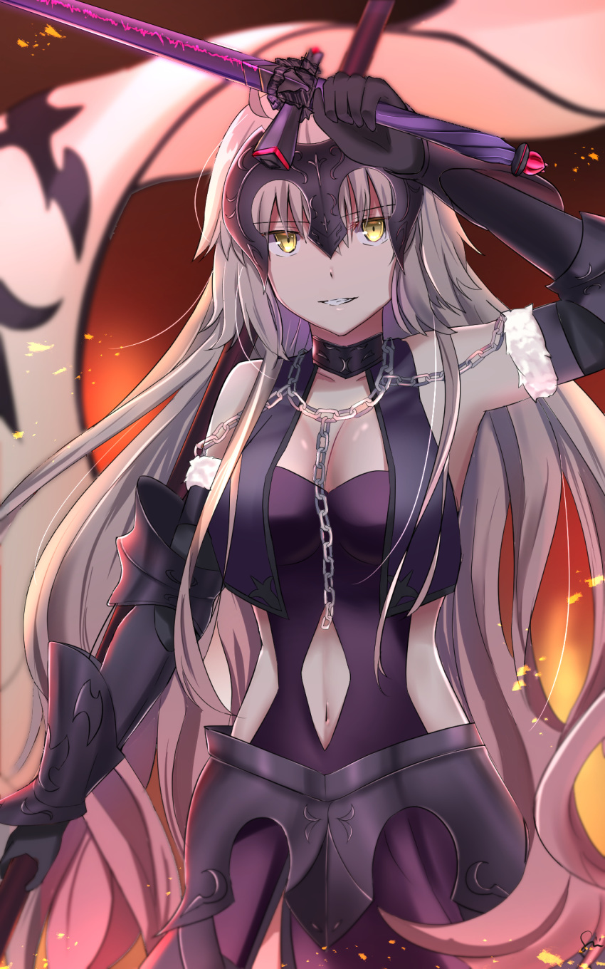 1girl armor armored_dress breasts chain clothing_cutout cowboy_shot fate/grand_order fate_(series) fur_trim grey_hair headpiece highres jeanne_d'arc_(alter)_(fate) jeanne_d'arc_(fate)_(all) long_hair medium_breasts navel navel_cutout sii_artatm solo sword very_long_hair weapon yellow_eyes