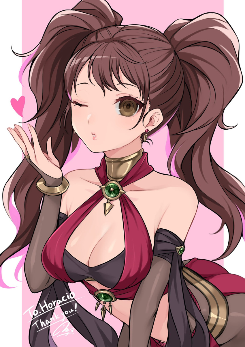 1girl bangs banned_artist bare_shoulders blown_kiss breasts bridal_gauntlets brooch brown_eyes brown_hair commentary_request cosplay crossover dorothea_arnault dorothea_arnault_(cosplay) earrings elbow_gloves fire_emblem fire_emblem:_three_houses fire_emblem_heroes gloves heart highres jewelry kujikawa_rise leaning_forward long_hair looking_at_viewer medium_breasts midriff one_eye_closed persona persona_4 shimizu_akina solo twintails upper_body wink