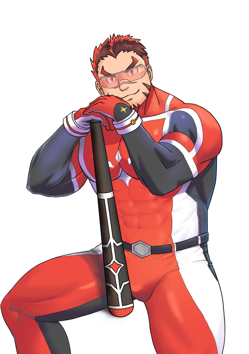 1boy akashi_(live_a_hero) bara baseball_bat bodysuit bulge chest covered_abs facial_hair feet_out_of_frame gloves gradient_hair highres live_a_hero looking_at_viewer male_focus manly multicolored_hair muscle red_bodysuit red_eyes redhead rongjie short_hair sideburns sitting solo thick_eyebrows thick_thighs thighs tight white_background