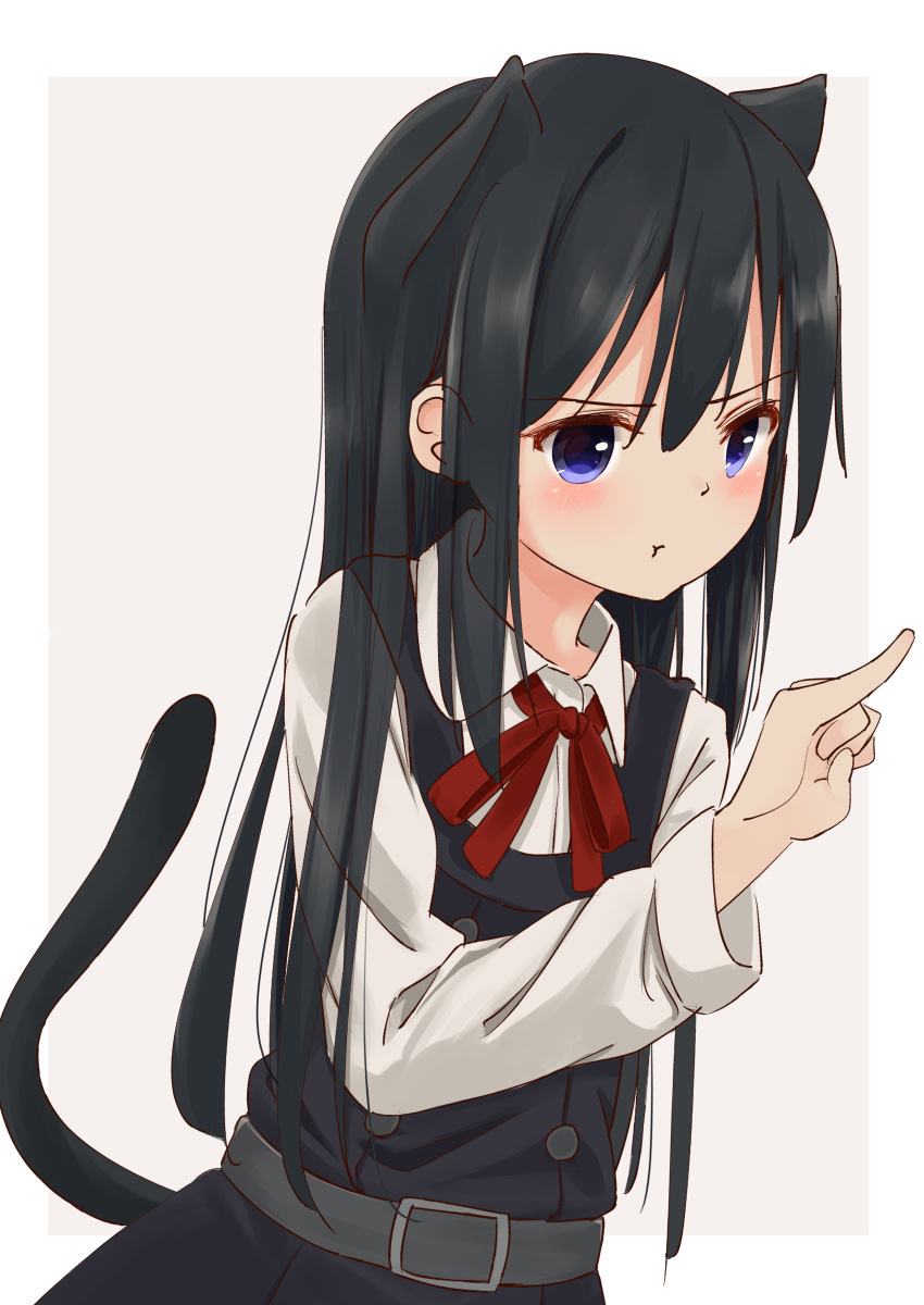 1girl absurdres animal_ears asashio_(kantai_collection) black_hair blue_eyes cat_ears cat_tail commentary_request cowboy_shot dress highres kafi_(cafee_kuu) kantai_collection long_hair long_sleeves neck_ribbon one_eye_closed pinafore_dress pinky_out red_ribbon remodel_(kantai_collection) ribbon shirt simple_background solo tail white_background white_shirt
